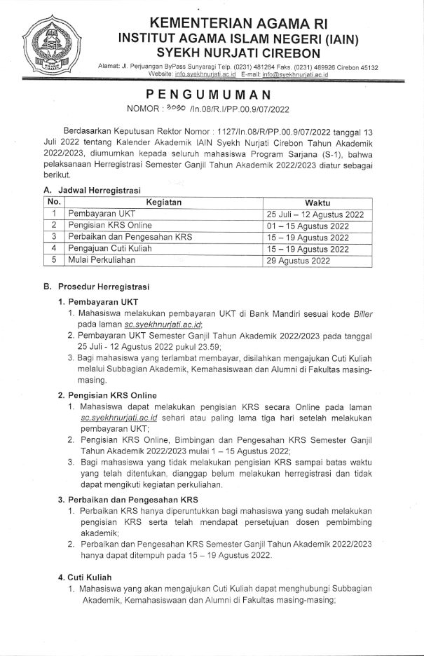 Pengumuman Jadwal Pendaftaran Ulang Mahasiswa Semester Ganjil TA.2022/2023