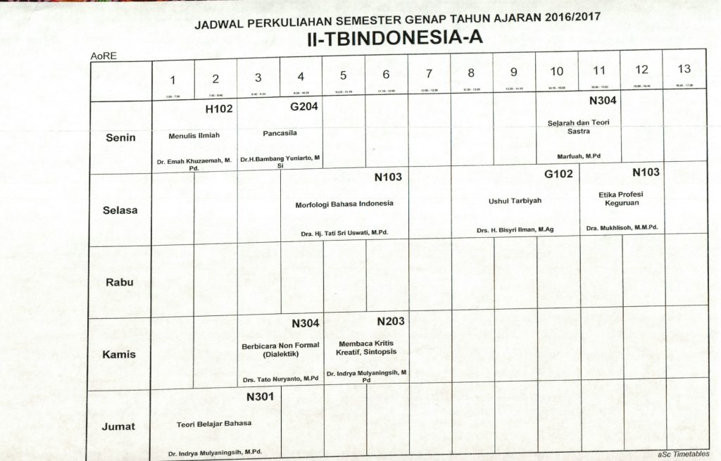JADWAL PERKULIAHAN SEMESTER GENAP TA.2016/2017