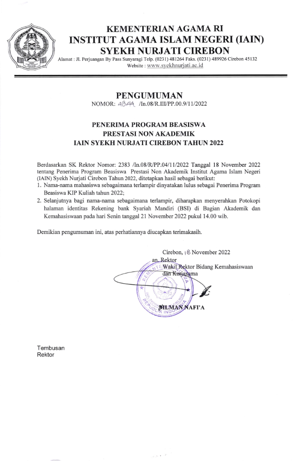 Pengumuman Penerima Program Beasiswa Prestasi Non Akademik Tahun 2022