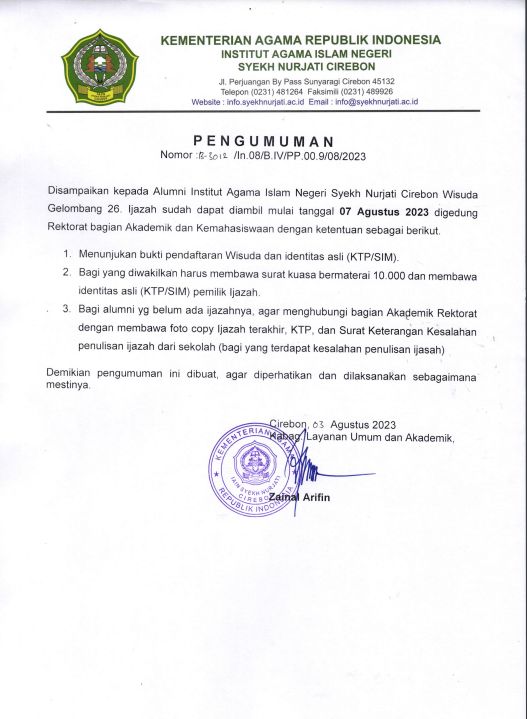 Pengumuman Pengambilan Ijazah Wisuda ke-26 IAIN Syekh Nurjati Cirebon