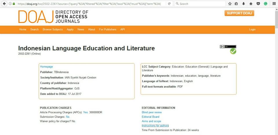Jurnal "Indonesian Language Education and Literature" telah terindeks DOAJ