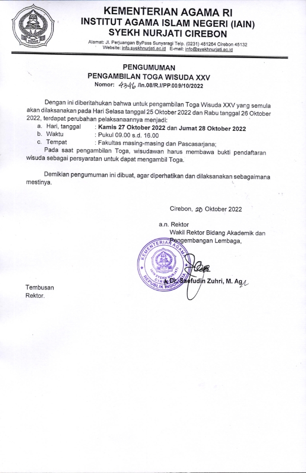 Pengumuman Perubahan Pengambilan Toga Wisuda KE 25 Tahun 2022